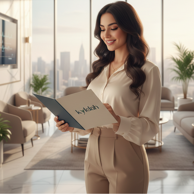 Woman holding a folder with KYLDAH on it in a modern office setting